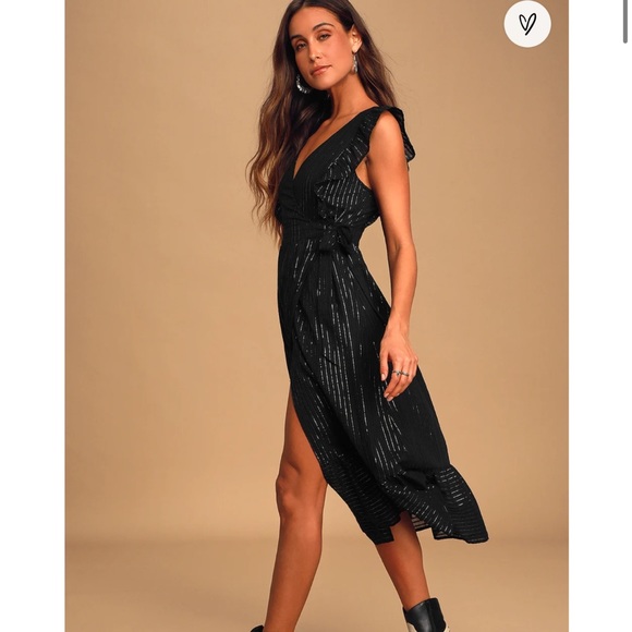 Lulus something to see black striped ruffled wrap midi dress - Picture 2 of 9